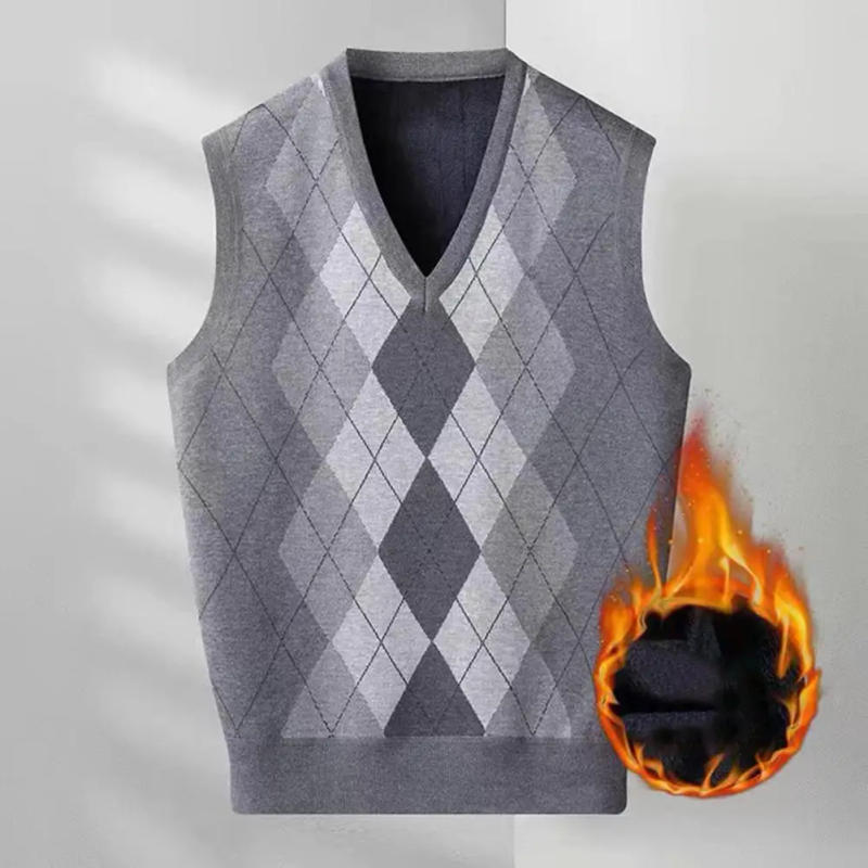 Description Picture 5 of itemMen Sweater Vest Men's Rhombus Print V-neck Sweater Vest Fall/winter Sleeveless Knitted Pullover with Applique for Spring