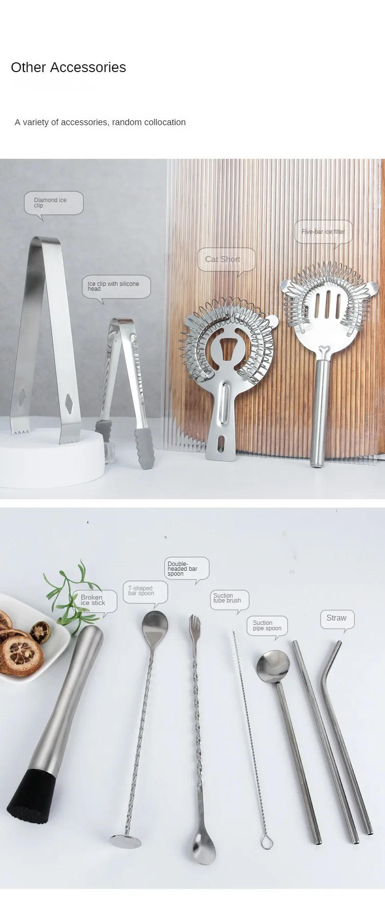 Description Picture 6 of itemStainless Steel Cocktail Shaker Bartender kit Bar Jigger Double Spirit Measuring Cups Spoon Bottle Pourer Bar ware Kitchen Tools