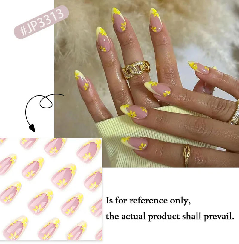 Description Picture 3 of itemYellow Little Flowers Pearl Cute Almond Shape False Nails Simple French Detachable Finished Fake Nails Press on Nails with Glue