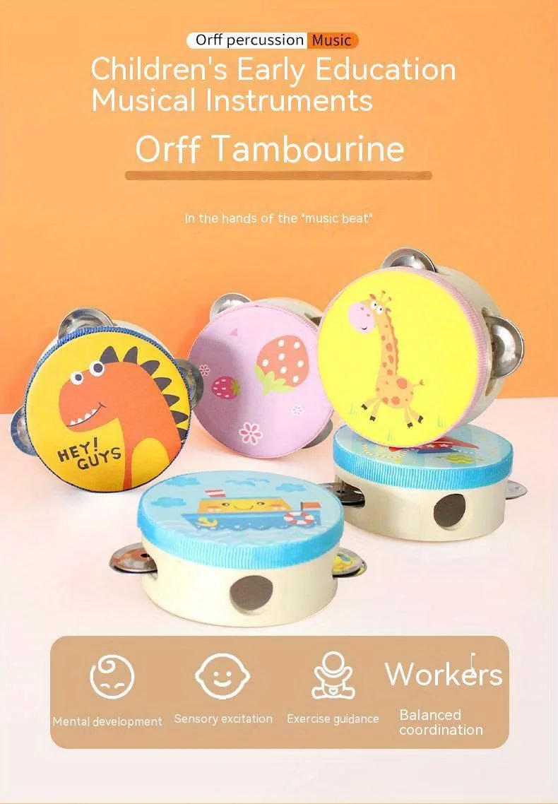 Description Picture 2 of itemWooden Bell Toys, Preschool Education Cute Cartoon Hand Clapping, Drum Shaking, Tambourine Percussion Instrument