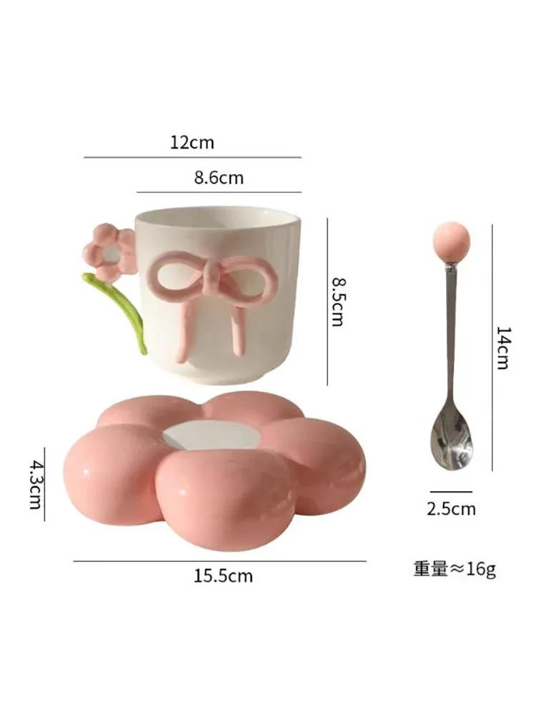Description Picture 4 of itemThree-dimensional Bow Ceramic Mug and Plate Home Flower Coffee Cup Saucer Exquisite Girl Office Breakfast Milk Cup Birthday Gift
