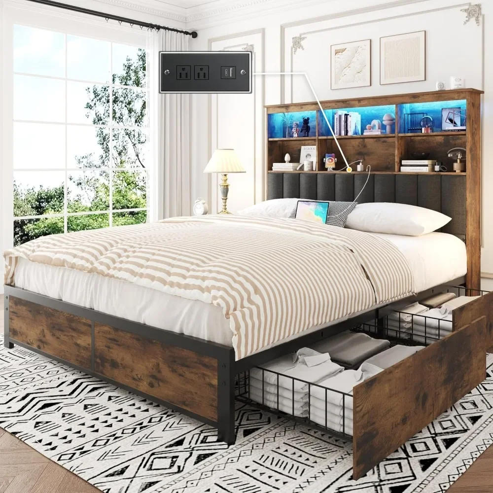 Description Picture 2 of itemQueen Bed Frame with Headboard, Queen Bed Frame with High Storage Bookcase Headboard,4 Storage Drawers & Charging Stati