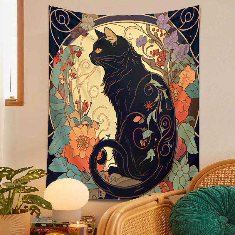 Description Picture 4 of itemPsychedelic Black Cat Tapestry Wall Hanging Rose and Sunbeam Art Nouveau Floral Wall Art Animal Cat Lovers Gift Home Decor