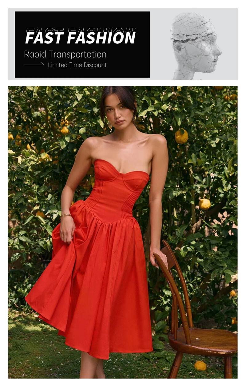 Description Picture 4 of itemPB&ZA2024 Summer New Product Fashion Casual Women's Red Sleeveless Slim Fit Folded Spliced Tie Waist Bra Dress