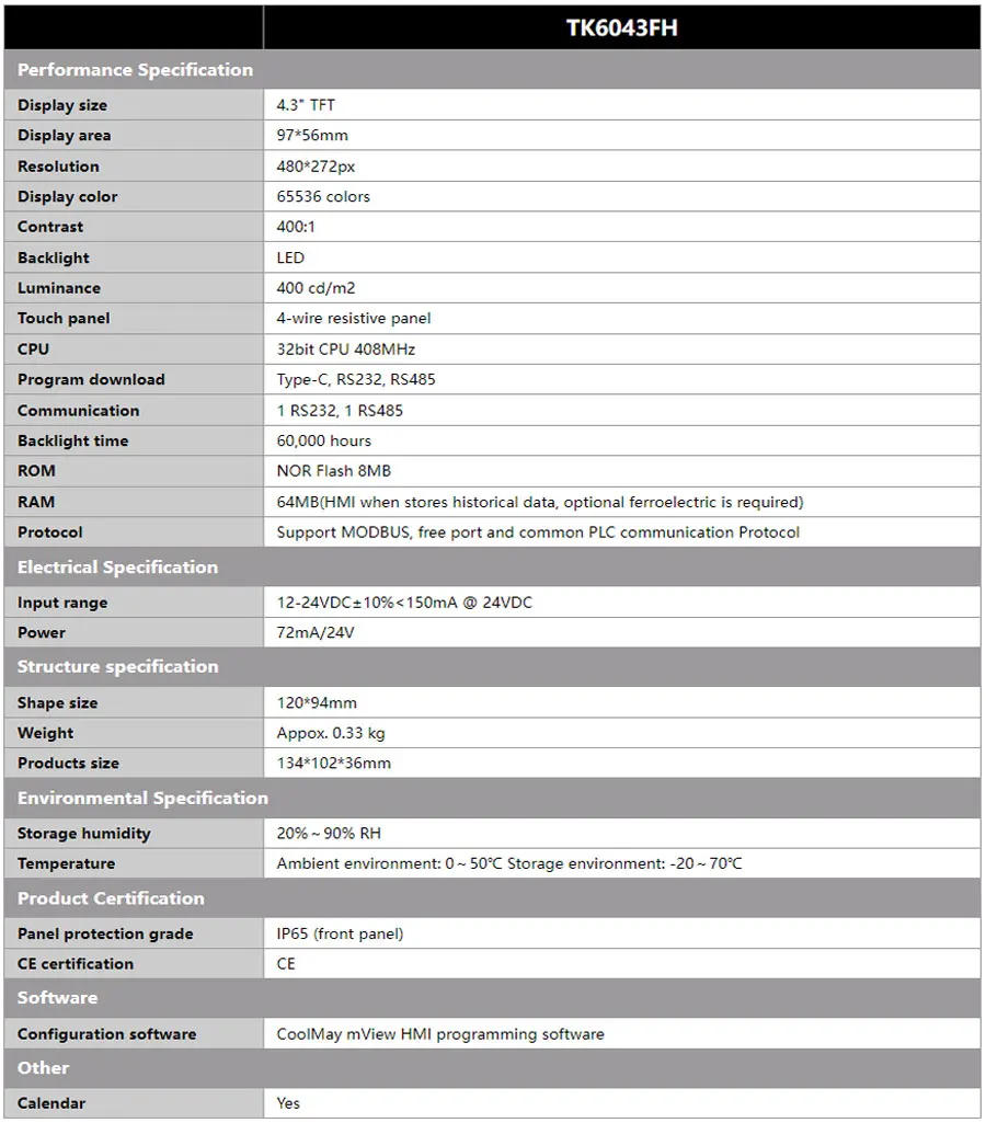 Description Picture 4 of itemCoolmay Hmi Display Screen Panel 4.3 Inch TK6043FH 408MHz Human Machine Interface Display Calendar Support All PLC