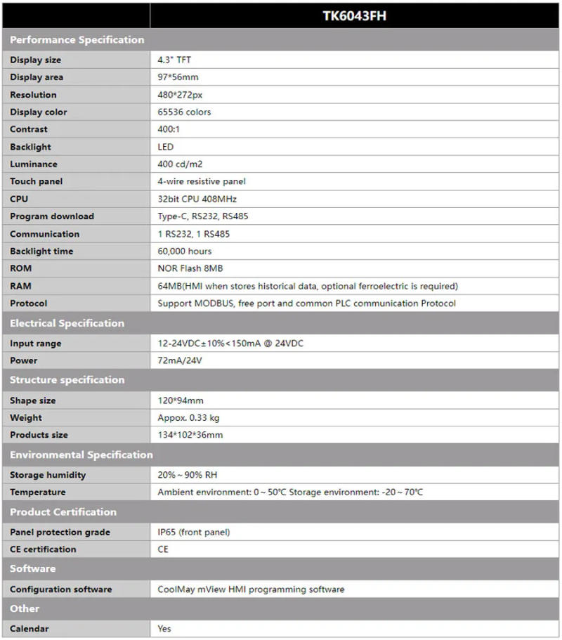 Description Picture 4 of itemCoolmay Hmi Display Screen Panel 4.3 Inch TK6043FH 408MHz Human Machine Interface Display Calendar Support All PLC