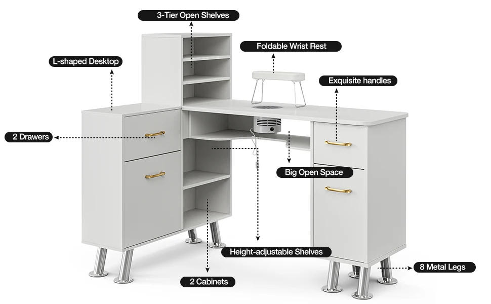 Description Picture 2 of itemPaddie L-Shaped Manicure Table Nail Station with Shelves, Nail Tech Table Nail Table Station w/Dust Collector, Storage Cabinets,