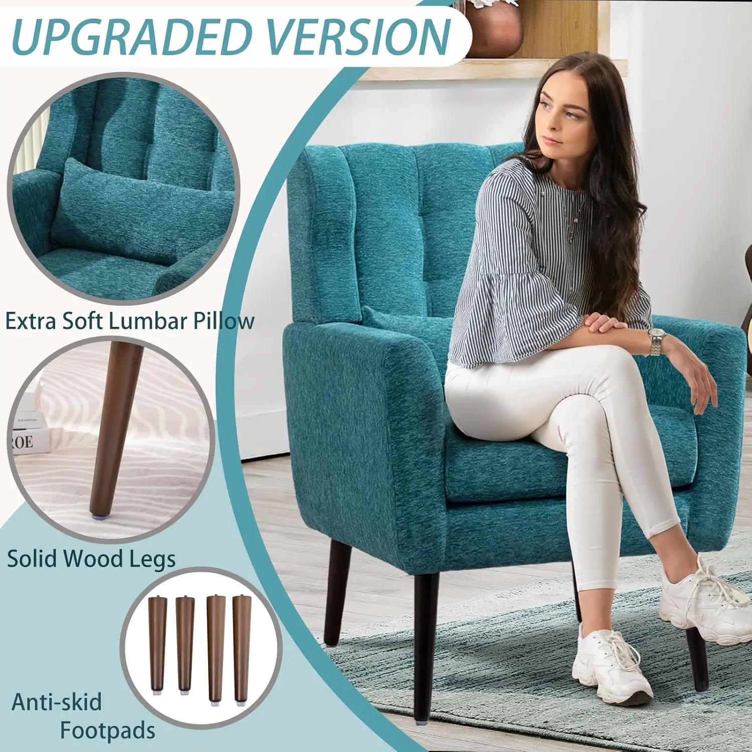 Description Picture 4 of itemAccent Chair Set of 2, Upholstered Armchair with Pillow, Fabric Single Sofa Chair with Lounge Seat and Wood Legs Accent Chair