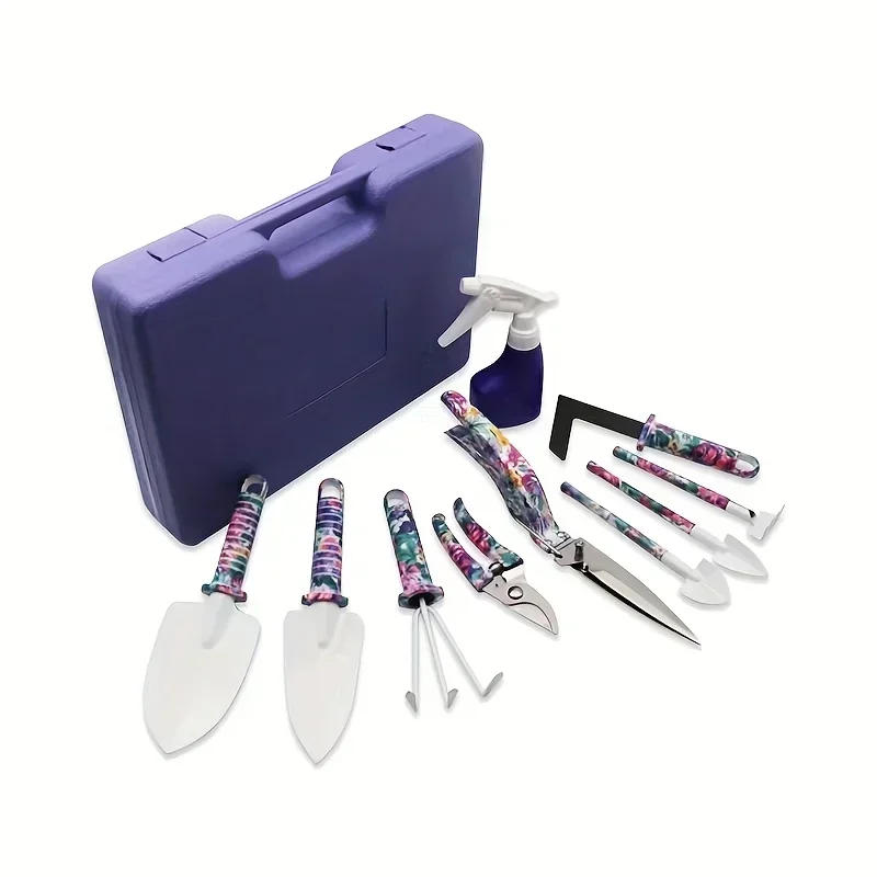 Description Picture 4 of item10pcs Gardening Tools Ergonomic Handle Rake Weeder Pruner Shears Sprayer Garden Hand Tools with Carrying Case Garden Weeding Set