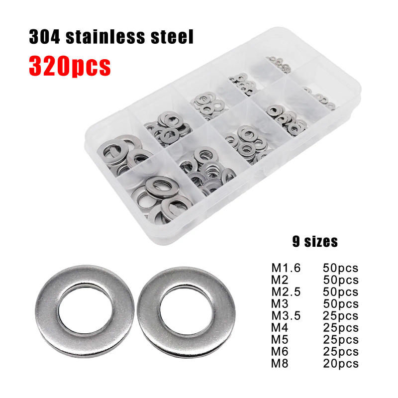Description Picture 4 of item1 box 320pcs M1.6 M2 M2.5 M3 M4 M5 M6 M8 DIN125 304 Stainless Steel Black Steel Flat Washer Pad Set Plain Gasket Assortment Kit
