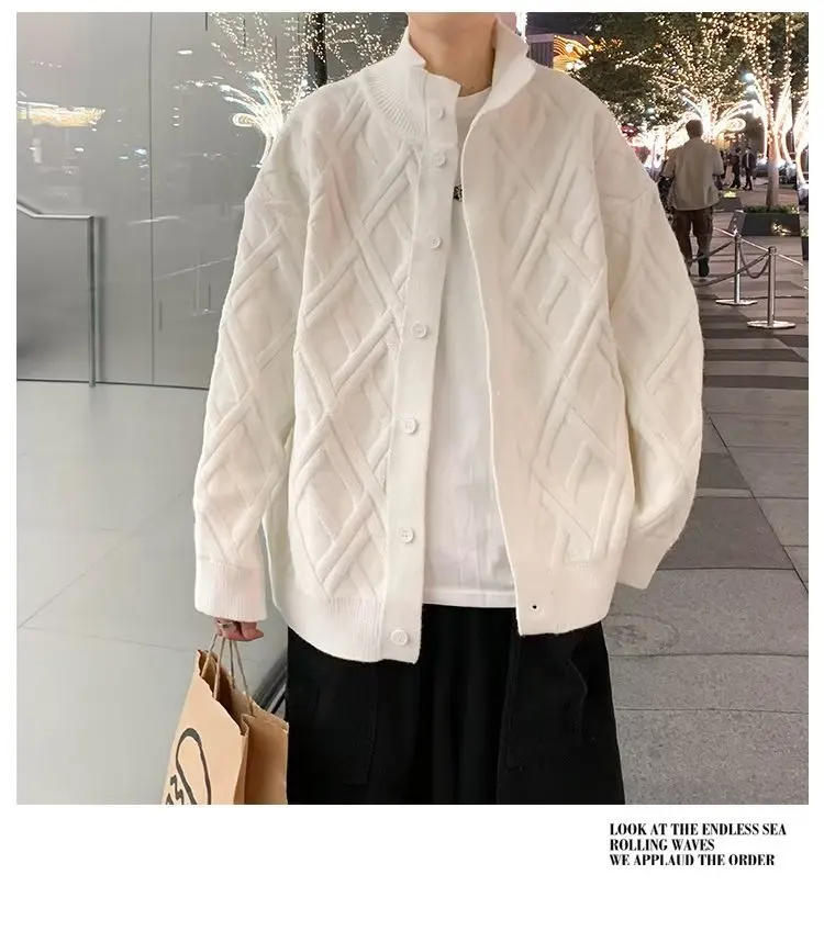 Description Picture 6 of itemWinter Check Pattern Stand Collar Knitted Cardigan Couple Loose Casual High Street Sweater Jackets Men Tops Male Clothes