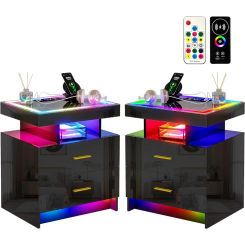 LED Nightstand Set of 2 with Wireless Charging & USB Ports, Dazzling Light, Glass Light Strip Panel, Smart RGB LED Nightstand