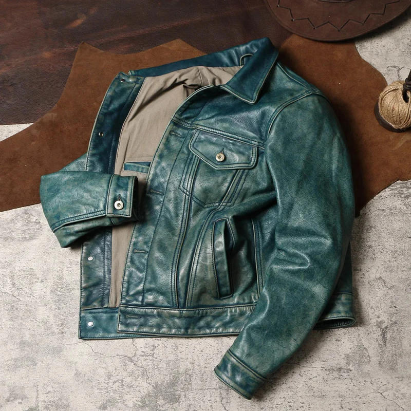 Description Picture 5 of itemFree shipping.CC.Men Vintage 507 style leather jacket.Light Blue Retro short real cowhide coat.heavy quality slim cloth