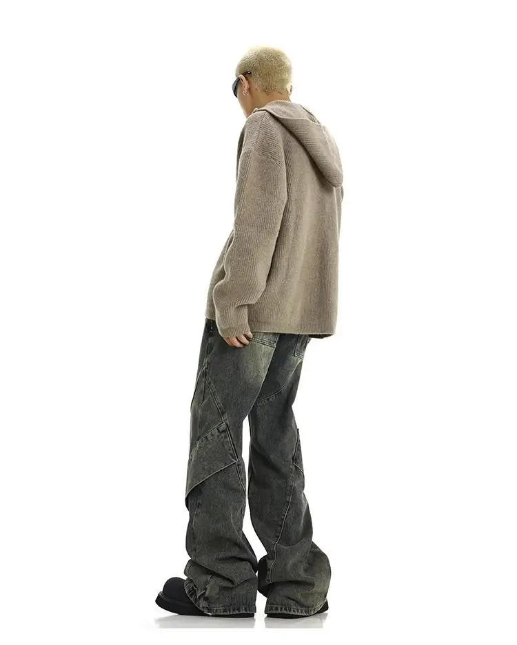 Description Picture 6 of itemAmerican street trend retro yellow mud washed jeans men high street patchwork irregular design drape feeling micro flared pants