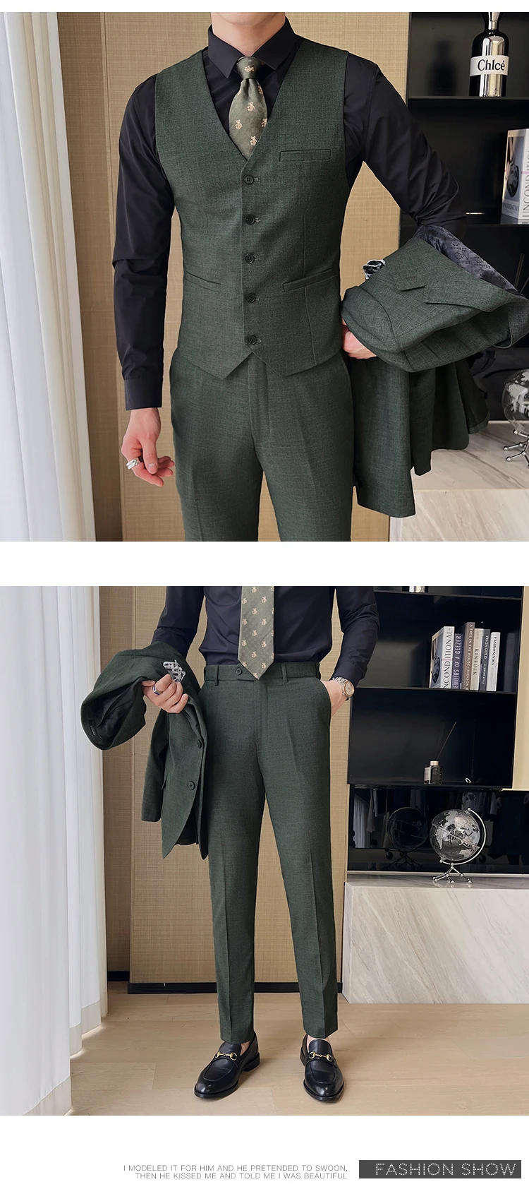 Description Picture 5 of item( Jacket + Vest + Pants ) New Luxury Men High-end Suit Formal Groom Wedding Set Men Work Party Slim Fit Suit 3 Piece