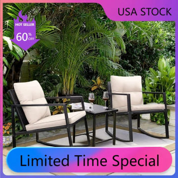 Patio Outdoor Furniture Conversation Sets with Porch Chairs and Glass Coffee Table BeigeGreesum Pieces Rocking Wicker Bistro Set