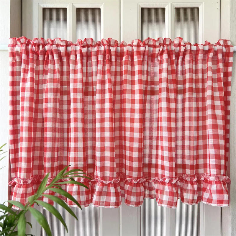 Description Picture 6 of itemClassic Red Plaid Ruffle Short Cafe Curtains for Kitchen Bedroom Sheer Voile Valance Small Window Drapes Rod Pocket