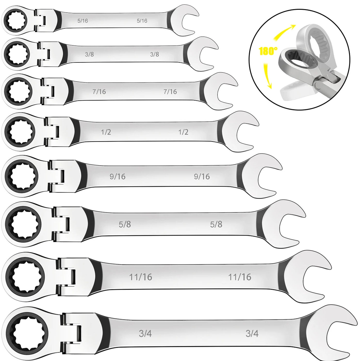 Description Picture 2 of itemFlex Head Ratchet Combination Wrench Set, 1/4”-3/4”SAE, 72-Teeth Box End and Open End Spanner Gear Wrench with Cr-V Constructed