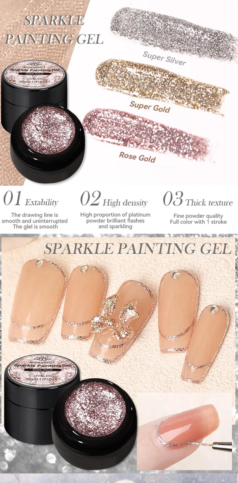Description Picture 4 of itemBORN PRETTY Sparkle Painting Gel Nail Polish Super Gold Silver Glitter Metallic Liner Painting Chrome French Shine Nail Varnish