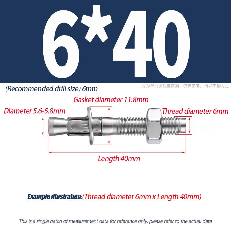 Description Picture 3 of item1/2/3Pc M6 M8 M10 M12 M16 2A 304 Stainless Steel Expansion Screw Wedge Anchor Through Bolt Expansion Bolt Thread length:40-200mm