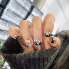 24Pcs Handmade Press on Nails Short Square Fake Nails with Diamond Design Cute Heart French Acrylic Nails Stick Glue on Nails