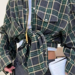 Women's Blouse Retro Style Lapel Loose Shirt 2024 Autumn Plaid Long-sleeve Pocket Shirt For Women Shirts Top Рубашки Женские