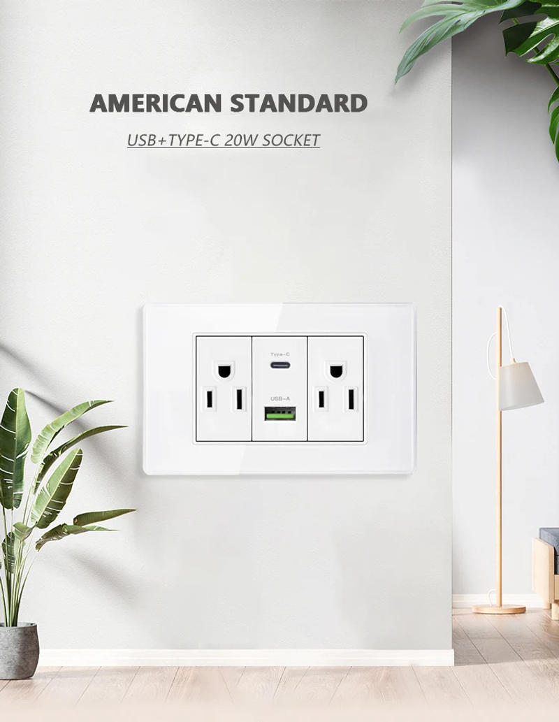 Description Picture 2 of itemAmerican USB Smart Type-c 20W Quick Charge Wall Power Outlet,Home Light Electrical Switch Panel,Mexico Thai Dual usb Socket Plug