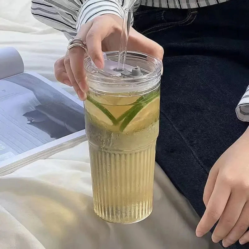 Description Picture 6 of item2pcs 600ml Stripe Glass Cup with Lid and Straw Transparent Drinking Glasses  Juice Water and Iced Coffee Cups Drinkware Mug