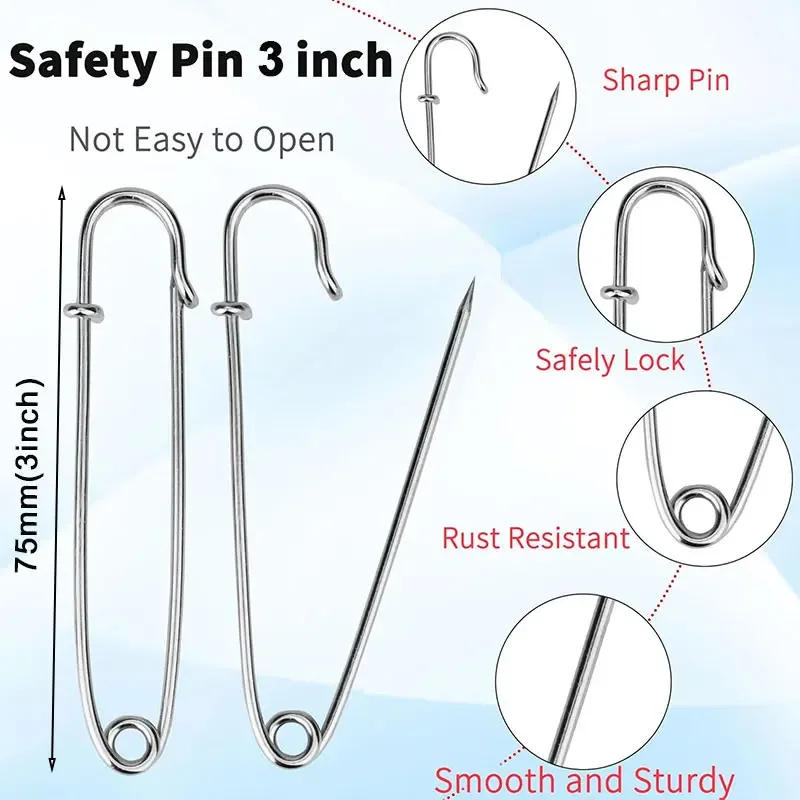 Description Picture 3 of item5/10/20PCS Extra-Large Steel Safety Pins 75mm(3") Heavy Duty Big Safety Pin Stainless Steel Spring Lock Pins for Clothes Crafts