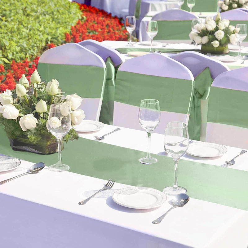 Description Picture 5 of item5-20Pcs Satin Table Runner for Wedding Sage Green Silk Table Cover Banquet Party Table Runner Fit Rectangle/Round Table