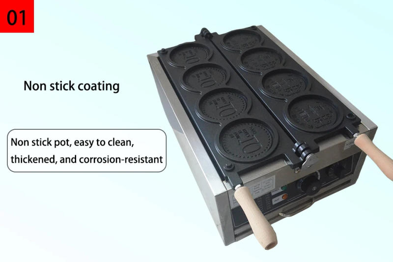 Description Picture 5 of itemXEOLEO Commerical 4PCS Korean Coin Waffle Maker 3000W Non-stick Coating Gold Coin Bread Waffle Making Maker Electric/Gas