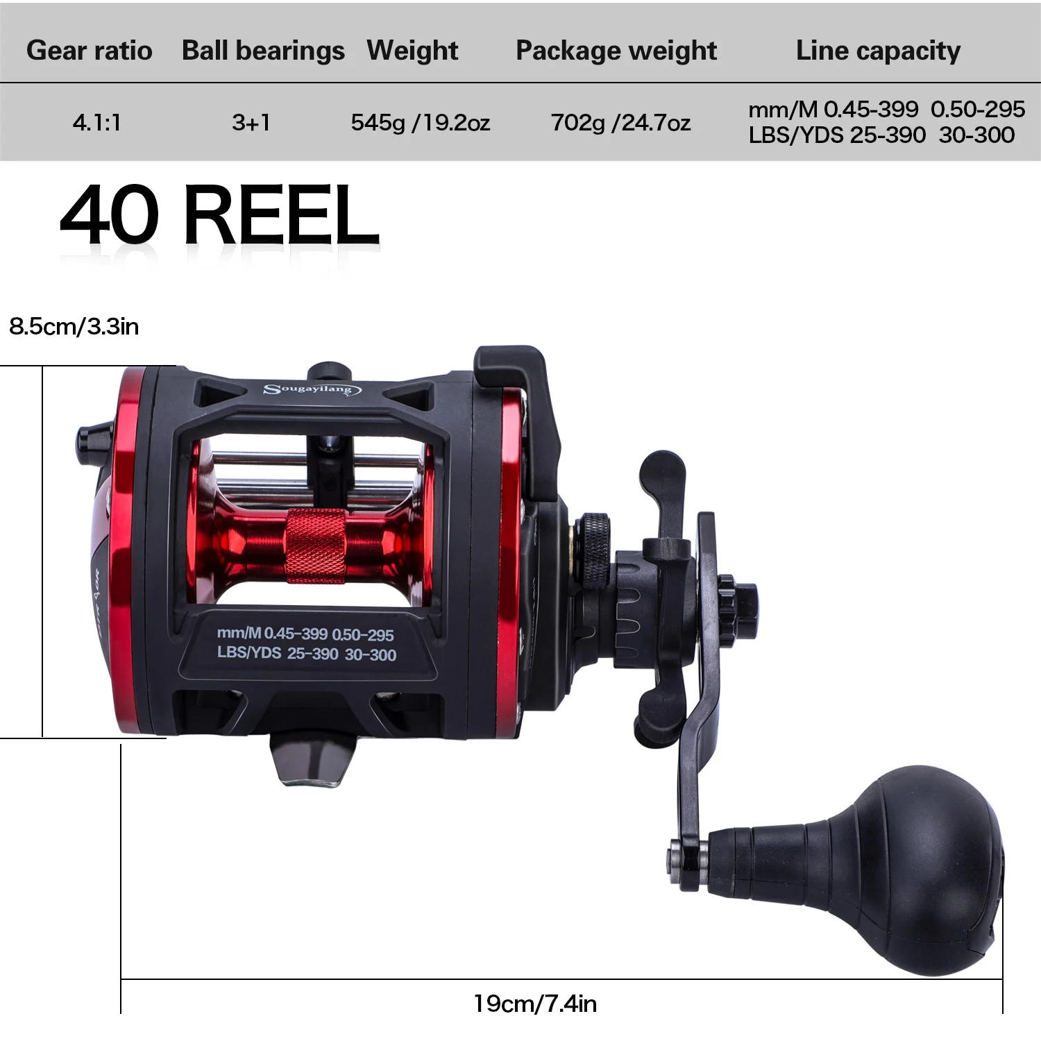 Description Picture 6 of itemSougayilang Trolling Fishing Reels Aluminum Alloy Spool Saltwater Drum Fishing Reel 3+1BB 3.8:1 Max Drag 25kg Fishing Tool Pesca