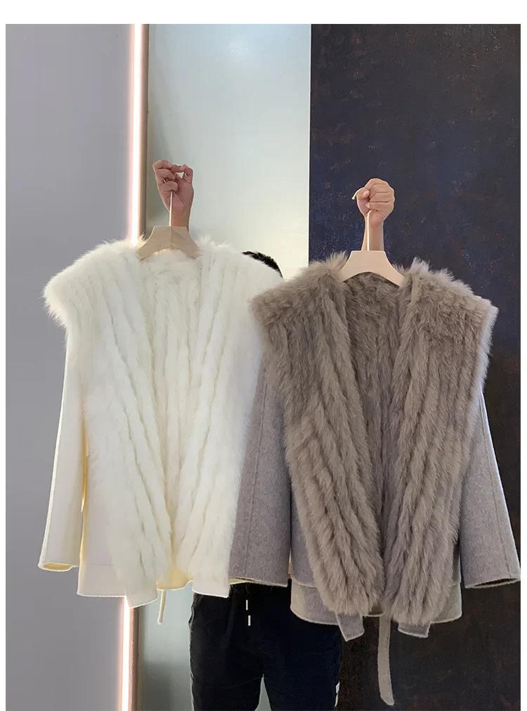 Description Picture 2 of itemRemovable Lining Striped Real Fox Fur Long Sleeve Woolen Coat With Hat Korea Overcoat Luxury Cashmere Women Winter Ribbon Jacket