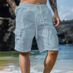 Men Loose Straight-leg Pants Men's Knee-length Drawstring Shorts with Elastic Waist Multi Pockets for Casual Daily Wear Beach