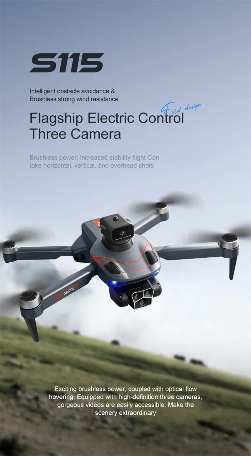 Description Picture 6 of itemXiaomi S115 Drone 4K HD Triple 8K LensOptical Flow Hover Photography RC Plane Brushless Motor Foldable Quadcopter Gifts Toys