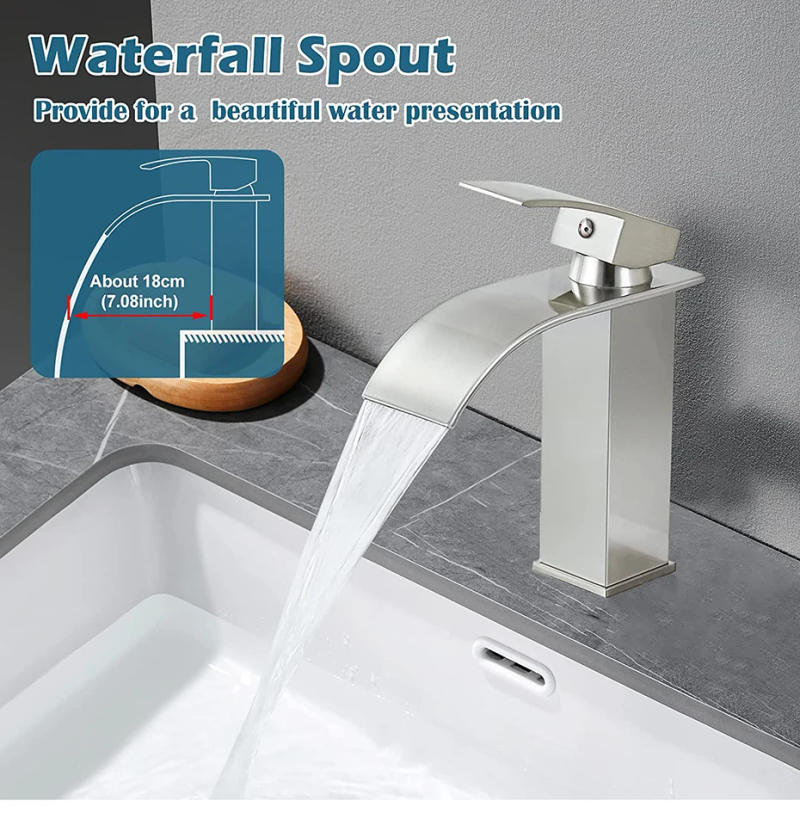 Description Picture 5 of itemG1/2 Basin Faucets Brass Gold Elegant Waterfall Bathroom Sink Faucet Single Lever Hole Deck Mount Big Square Spout Mixer Taps