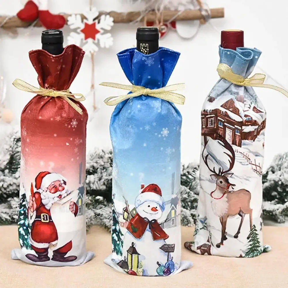 Description Picture 4 of itemWine Bottle Cover Christmas Santa Snowman Elk Drawstring Candy Bag Party Decor Wine Bottle Cover