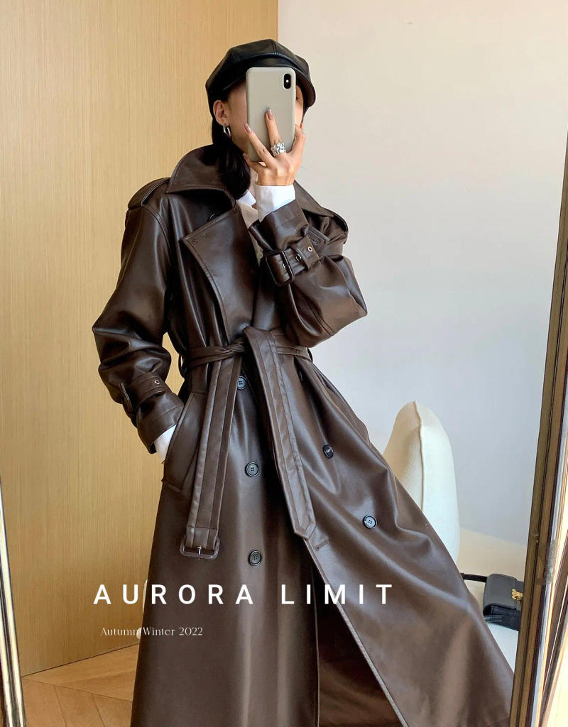 Description Picture 6 of itemLautaro Spring Autumn Long Loose Brown Pu Leather Trench Coat for Women Belt Double Breasted American and European Fashion 2023