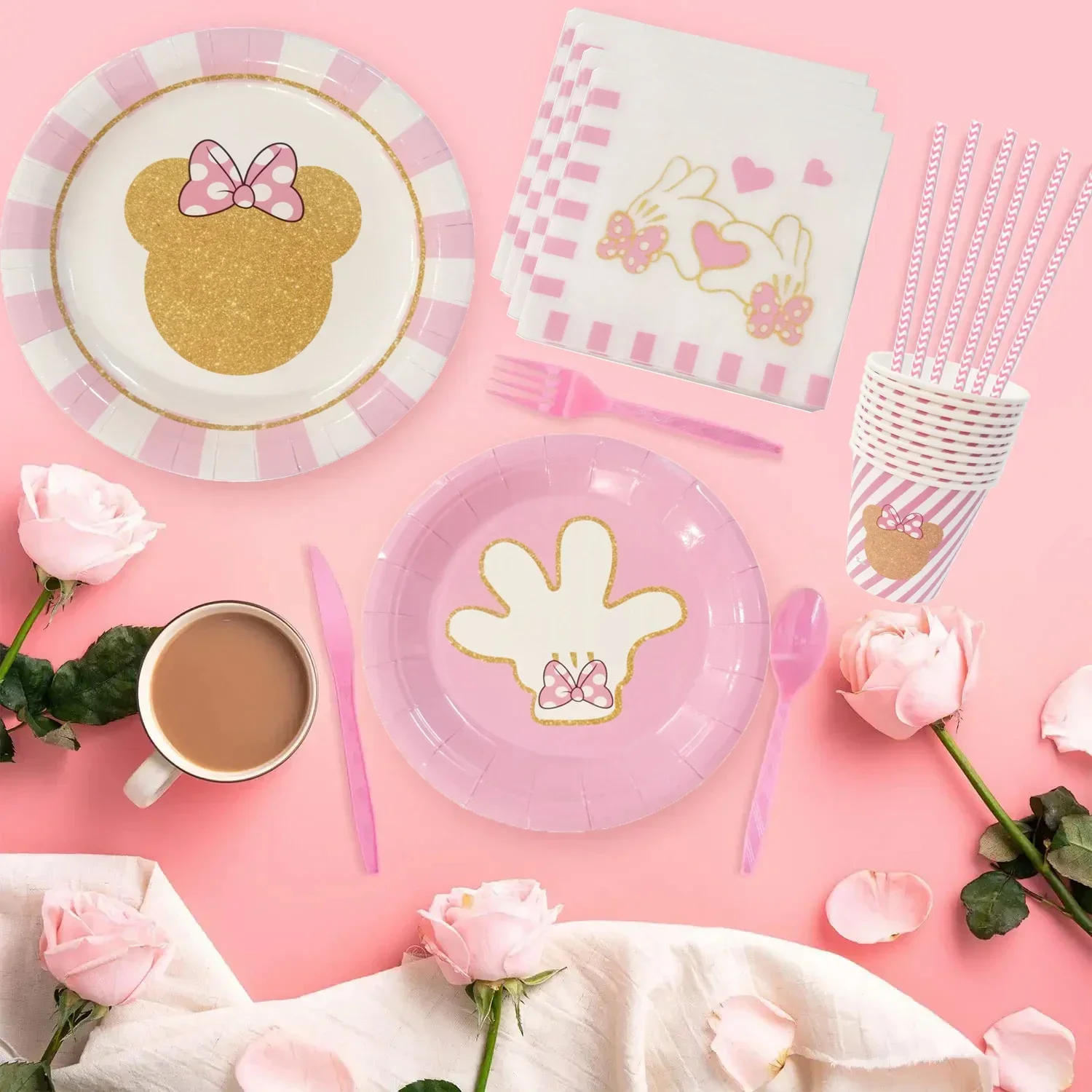 Description Picture 6 of itemMINISO Minnie Mouse Pink Girl 1st Happy Birthday Party Disposable Tableware Paper Plate Cup Banner for Kid Favor Supplies