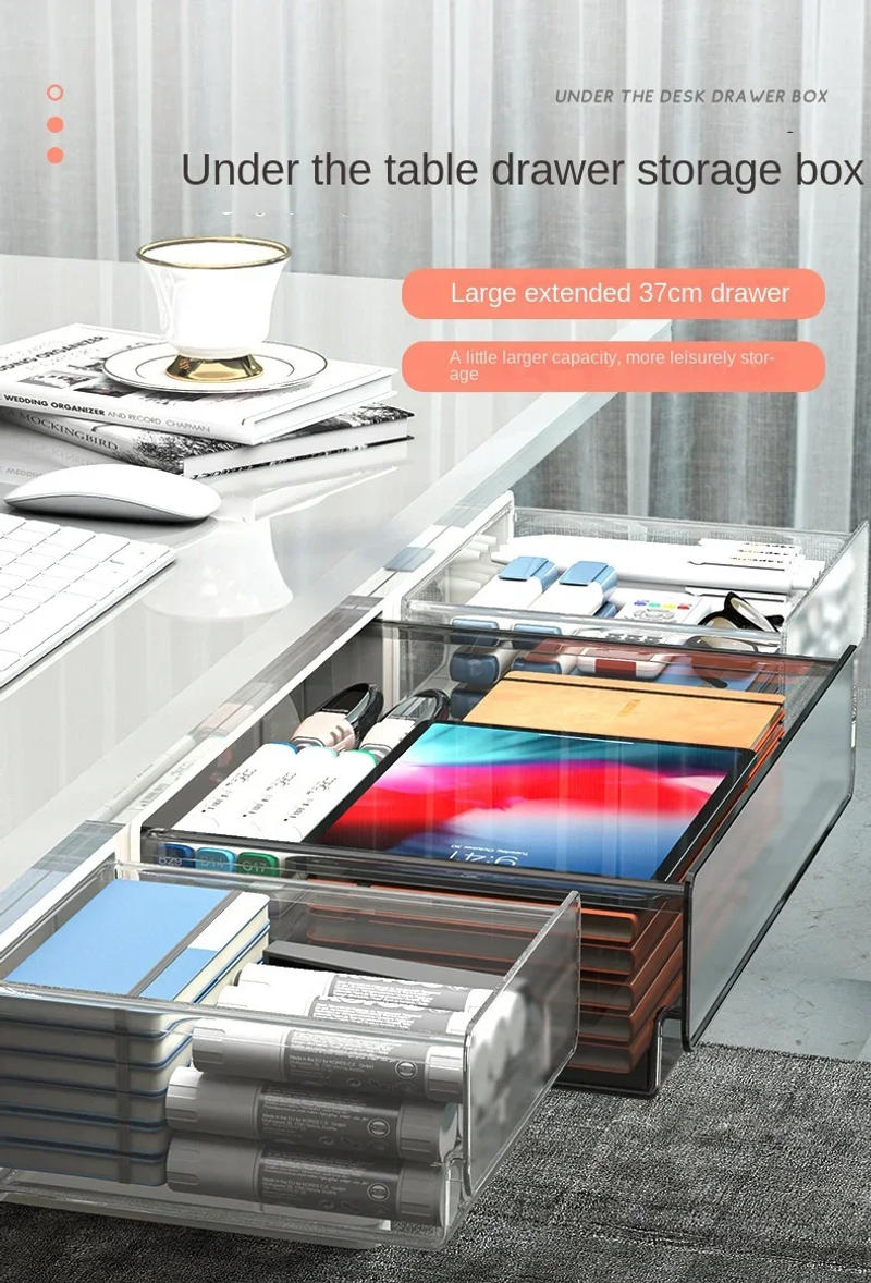 Description Picture 2 of itemHidden Storage Box Desk Storage Drawer Self-Adhesive Plastic Table Storage Holder Simple Sundries Cosmetics Stationery Organizer