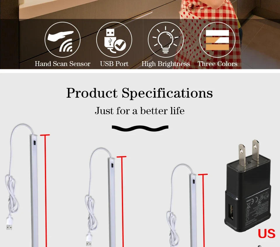 Description Picture 3 of itemUSB LED Bar Light Aluminium 30/40/50cm 3 Color Temperature Wall Lamp Hand Scan Sensor Switch Control Kitchen Closet Light