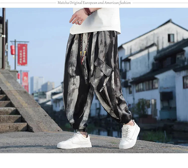 Description Picture 3 of itemMr.nut Ink Wash Men Wide Leg Harem Pants with Pockets Ice Silk Loose Oversize Lantern Joggers Retro Trousers Chinese Clothing