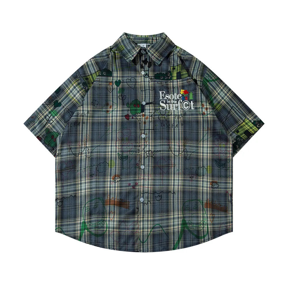 Description Picture 4 of itemGraffiti Print Plaid Short Sleeve Shirts Mens Embroidery Streetwear Lapel Single Breasted Drop Shoulder Half-Sleeve Shirts Men