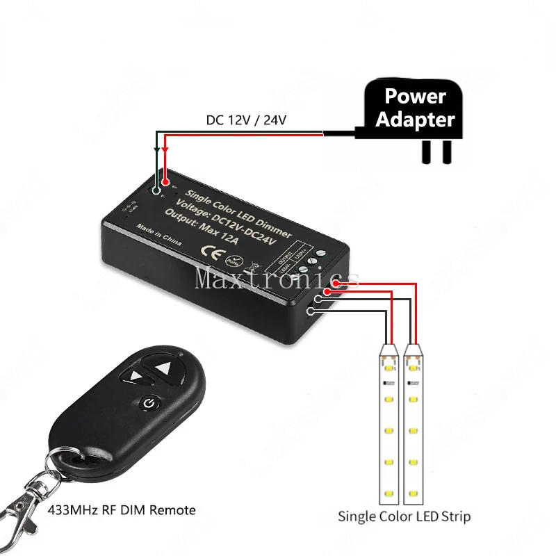 Description Picture 5 of itemDC12-24V LED Dimmer Controller 12A 1CH with 3-Key RF 433Mhz Wireless Remote Control for LED COB Single Color Light Strip Lamps