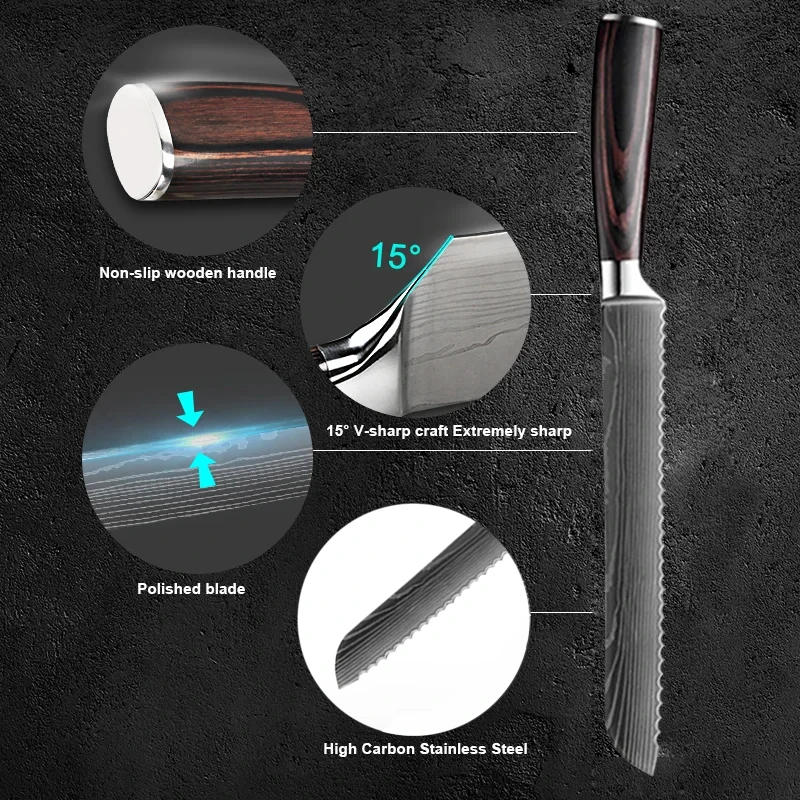 Description Picture 5 of itemKitchen 8 Inch Bread Knife Cheese Toast Knife Stainless Steel Damascus Pattern Knives Slicing Chef Cutter Wood Handle
