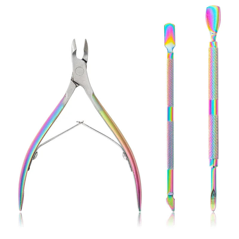 Description Picture 5 of item3pcs Set Rainbow Stainless Steel Nail Cuticle Scissors Pushers Dead Skin Gel Polish Remover Nail Art Manicure  Care Tools