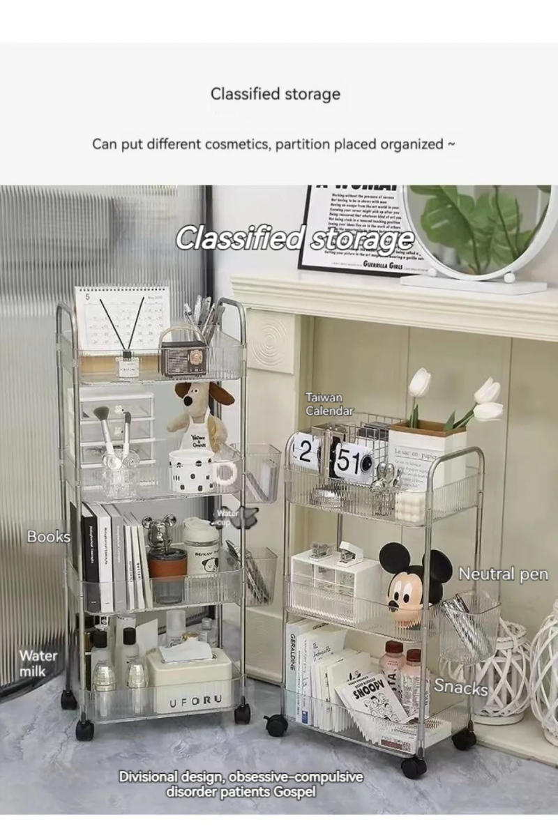 Description Picture 6 of item2/3 Tiers Rolling Cart Storage Shelf Transparent Acrylic Trolley Mobile Shelf with Multi-Layers Storage Rack kitchen furniture