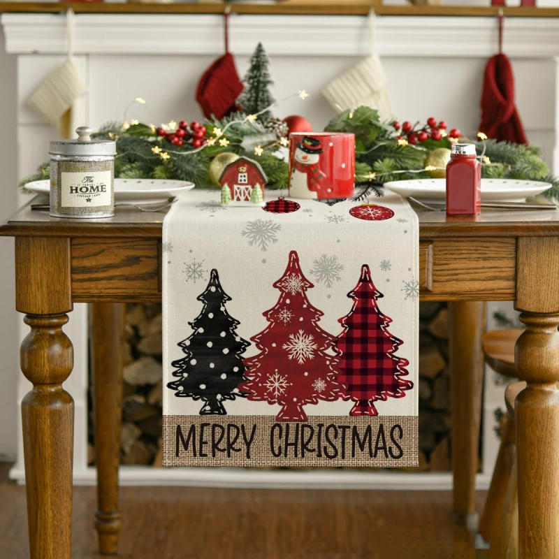 Description Picture 3 of itemMerry Christmas Red Pine Trees Linen Table Runner Winter Xmas Holiday Party Kitchen Dining Table Decor Navidad Decorations 2025