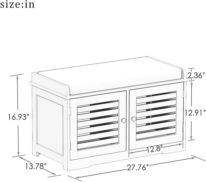 Description Picture 3 of itemShoe Storage Benches White Shoe Rack Bench with 2 Doors & Padded Seat Cushion in Grey Shoe Cabinet Entryway Bench