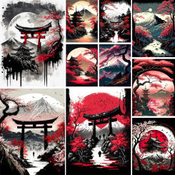 Meian Landscape Torii Moon Tower Printed 11CT Cross-Stitch Embroidery Kit Painting Needlework Handiwork Knitting Design Mulina